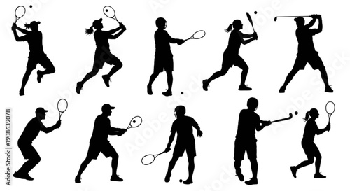 A collection of sport silhouettes featuring tennis, golf, and field hockey players in various action poses. isolated on transparent background, Vector