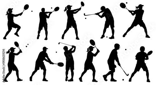 A collection of various sports player silhouettes including tennis, golf, and field hockey isolated on transparent background, Vector