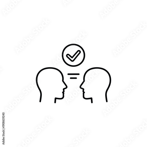 Human interaction agreement icon two people communication and mutual understanding with check mark black and white vector illustration