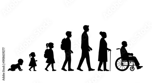 A visual representation of the journey through human life from infancy to elderly age isolated on transparent background, Vector