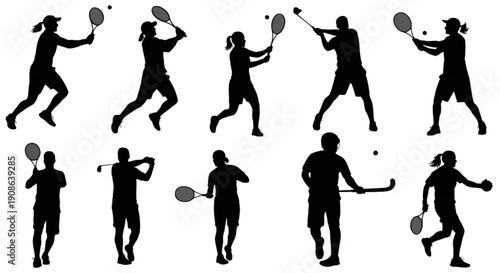Silhouettes of athletes engaged in various sports activities including tennis and golf isolated on transparent background, Vector