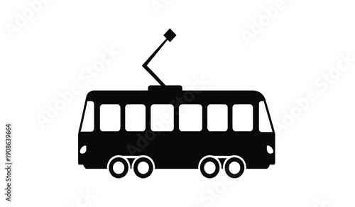Black silhouette of a city bus with overhead wires on top for urban or transportation concepts