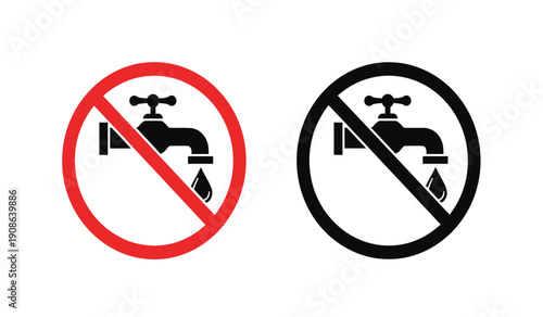 No water or drinking prohibited signs with faucets and droplets in red and black