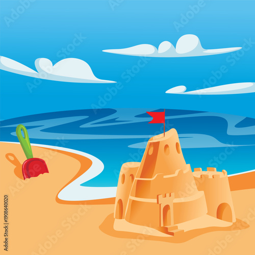 Vector illustration of sea beach holiday, children's image of sand castle, sand and sea,