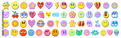 Set Of Funky Characters Vector Design. Collection Of Playful Funny Emoji. Y2k Cartoon Smile Emoticons. Pop Art Happy Faces.