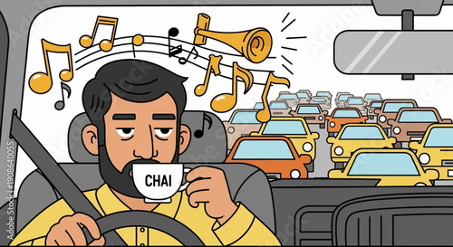 Cartoon Pakistani man driving in traffic, sipping chai and enjoying music, symbolizing daily commute stress and love for tea