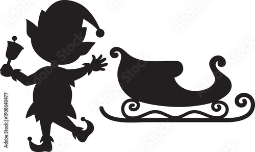 Enchanting Elf and Sleigh Silhouette: A whimsical silhouette captures the holiday spirit, a cheerful elf and an elegant sleigh preparing for a magical journey.