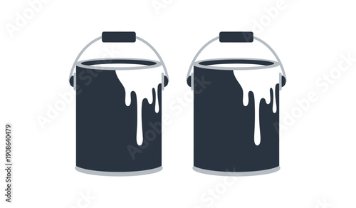 Two black paint cans with white paint dripping down the sides