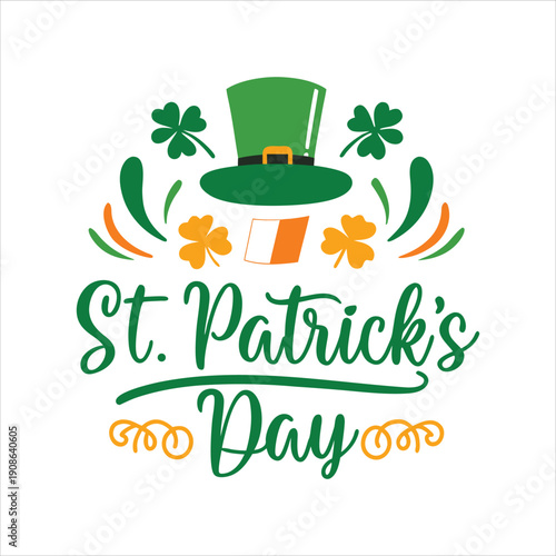 St. Patrick's Day celebration graphic with shamrocks and top hat.