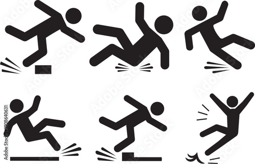 Safety Icons: A collection of safety icons depicting various scenarios of slips and falls, providing visual guidance for hazard awareness and accident prevention.