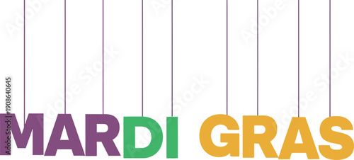 Vibrant dangling letters spell out a festive carnival celebration in traditional colors, perfect for event promotion