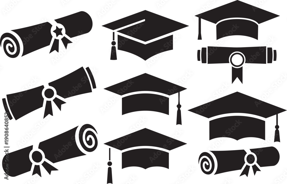 Wall Mural Academic Attire and Documents: A composition of graduation caps and rolled diplomas, symbolizing academic achievement and the culmination of education