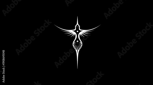 Elegant abstract white stylized bird-like or angelic figure symbol with wings on a black background, modern minimalist graphic design element