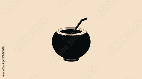 Stylized black coconut drink illustration with straw, refreshing tropical beverage, minimalist graphic design