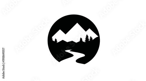 Monochrome circular icon of majestic mountains, coniferous trees, and winding river, ideal for nature travel and outdoor adventure design