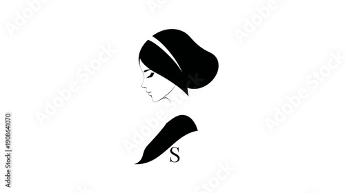 Elegant black and white profile illustration of a beautiful woman with a classic updo. Minimalist vector portrait showing feminine grace.