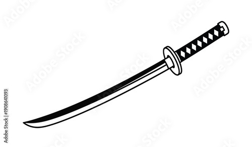 A black and white illustration of a traditional japanese katana sword with a curved blade and handle