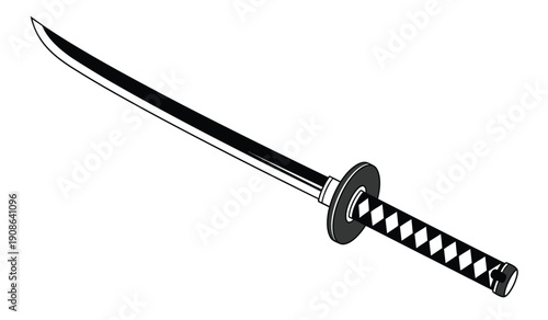 A traditional japanese katana sword with a black handle and scabbard