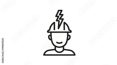 Electrician or electrical worker line icon with hard hat and lightning bolt symbol, representing power and engineering.