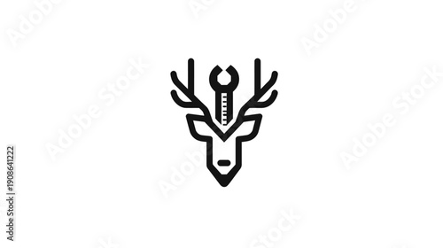 Minimalist deer head with a wrench tool replacing antlers, an iconic line art illustration symbolizing nature, repair, strength, and engineering.
