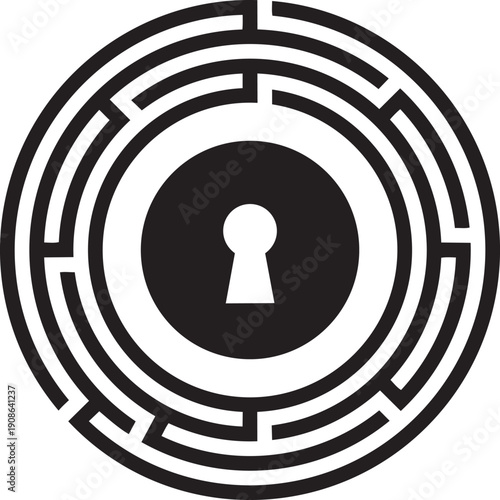 Maze of Mystery: A complex circular maze converges on a keyhole, symbolizing a puzzle or challenge. Captivating design concept