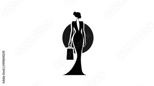 Elegant fashion woman silhouette with shopping bag. Stylish female figure in black evening gown, sophisticated design.