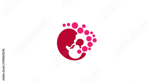 Vibrant abstract illustration of mother and baby bonding, surrounded by pink bubbles, symbolizing love, care, and family connection.
