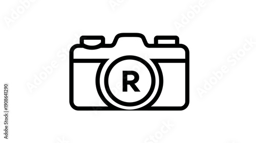 Minimalist line art camera icon with a circled 'R' symbol, representing registered trademark, copyright, photography, and intellectual property.