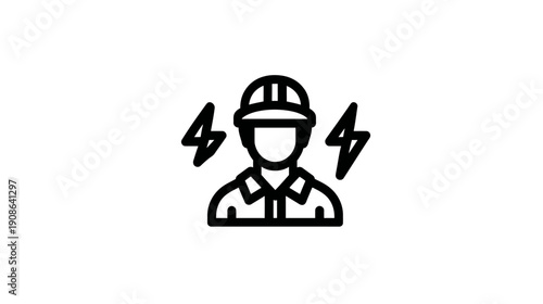 Electrician Worker Line Icon with Lightning Bolts. Electrical Safety and Repair Service Symbol. Vector Illustration
