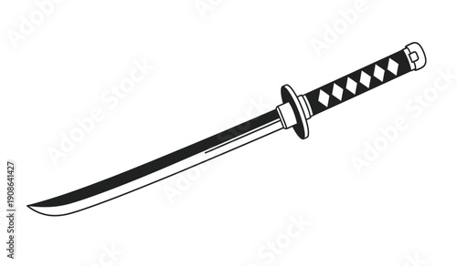 A black and white illustration of a traditional japanese katana sword with a decorative handle