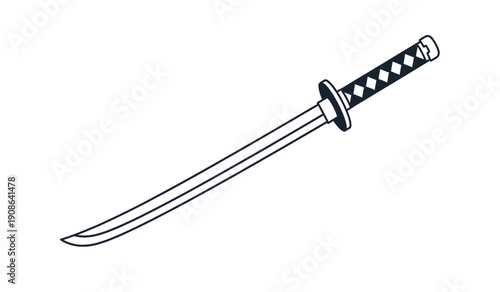 A black and white illustration of a traditional japanese katana sword with a curved blade and handle