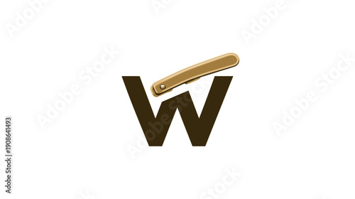 Stylized brown letter W with a golden generic shaving blade graphic. Modern icon for barbershop, men's grooming, or shaving brand concept.
