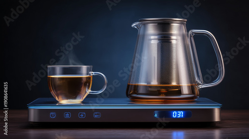 Electric kettle and glass cup heating on digital scale in dark studio