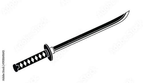 A sleek black katana sword with a curved blade and wrapped handle