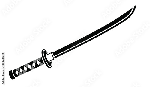 A black katana sword with a curved blade and wrapped handle