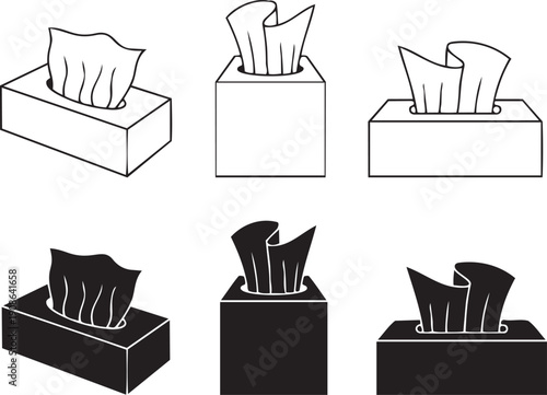 Tissue Box Assortment: A collection of various tissue boxes, offering both grayscale and monochromatic illustrations, highlighting essential hygiene products.