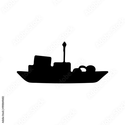 A simple black and white illustration of a cargo ship at sea Vector, illustration