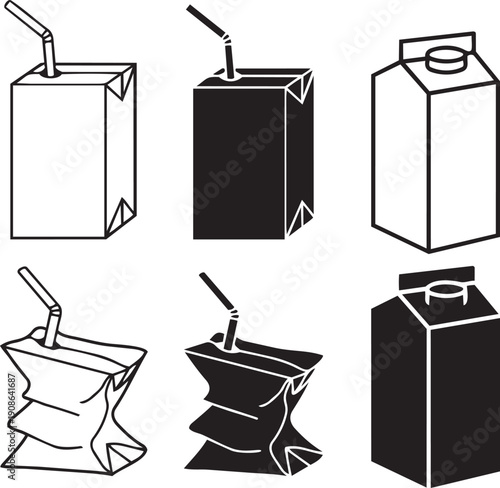 Juice Box Variations: A collection of various juice boxes, showcasing diverse designs, including full and crumpled forms, and the presence of straws.