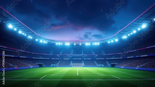 empty football stadium at dusk with illuminated blue and purple spotlights and crowdy stands under star studded sky dramatic sport arena scene concept of sports championship tournaments business