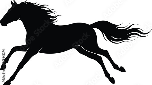 Running horse silhouette illustration featuring dynamic motion and flowing mane, black equine animal artwork isolated on white for design, logos, posters and branding