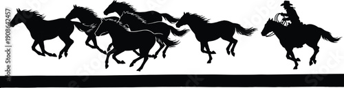 Running wild horse herd silhouette chased by cowboy rider with lasso, dynamic western ranch scene, black equine illustration isolated on white for design and branding