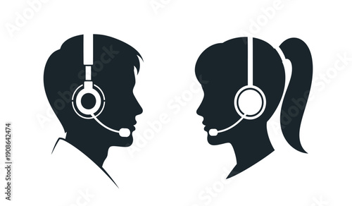 Silhouette of a man and woman wearing headsets for customer support or communication