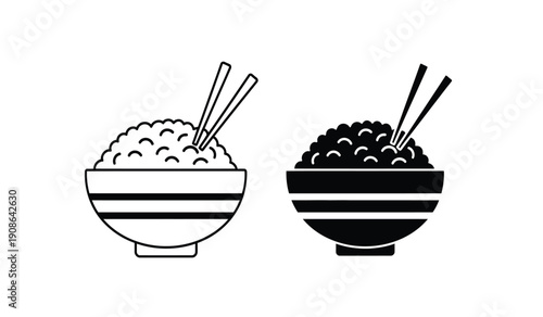 Black and white illustration of two bowls of food with chopsticks on a pure