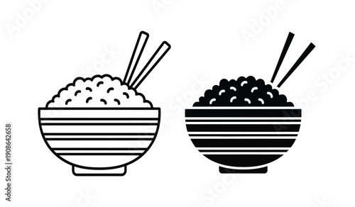 Black and white illustration of two bowls of noodles with chopsticks on pure