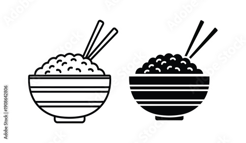Black and white illustration of two bowls of food with chopsticks