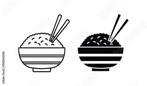 Black and white illustration of two bowls of rice with chopsticks on a pure