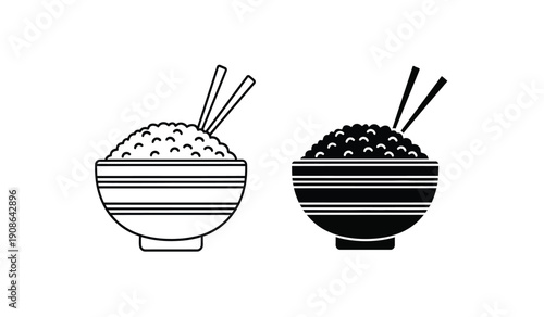 Black and white illustration of two bowls of rice with chopsticks on a pure