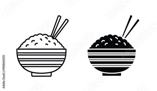 Black and white illustration of two bowls of rice with chopsticks on a pure