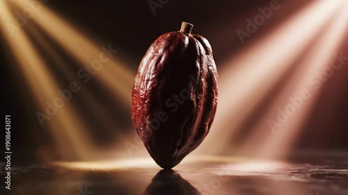 A single cocoa pod stands upright on a reflective surface with dramatic light.