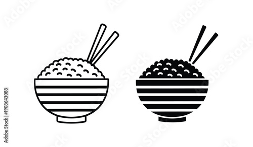 Black and white illustration of two bowls of rice with chopsticks on a pure
